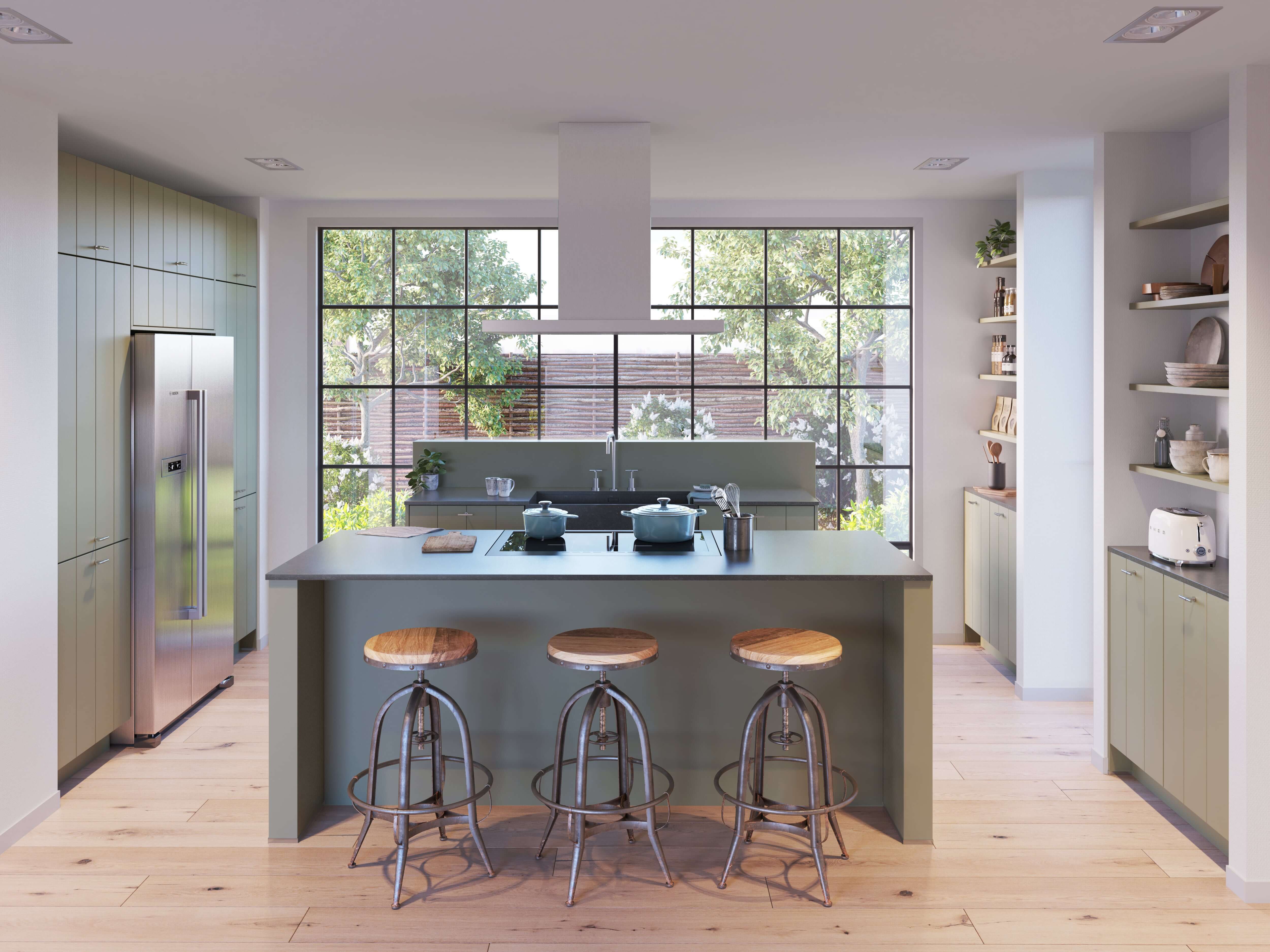Groene eilandkeuken in landelijke stijl